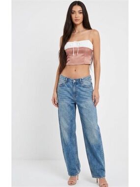 Forever 21 Y2K Milkmade Satin Two-Tone Crop Cami Top in Dusty Rose Cream Top S